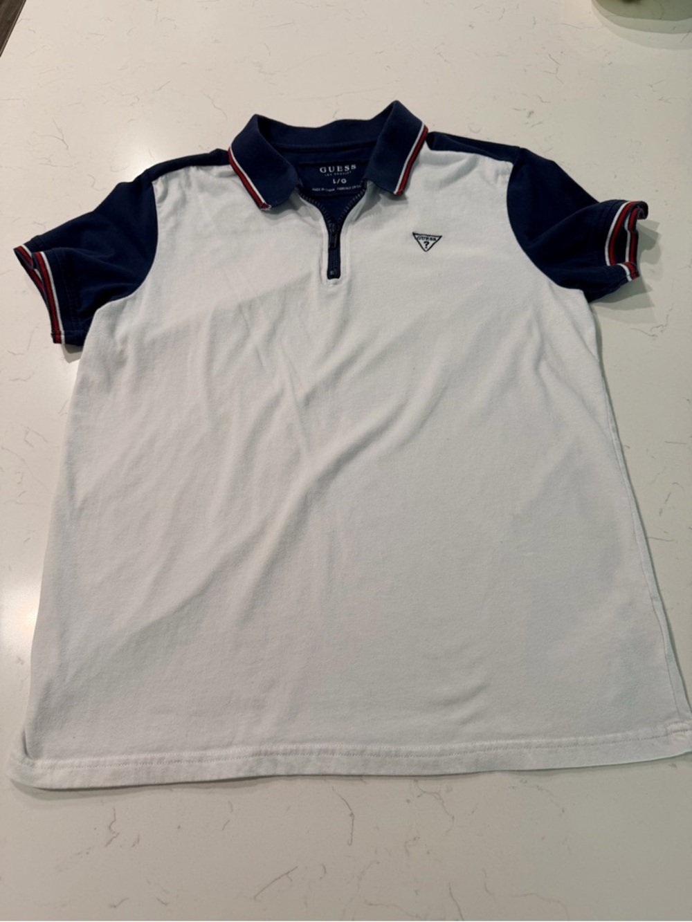 Guess White and Navy Short-Sleeve Polo with Zip Collar
